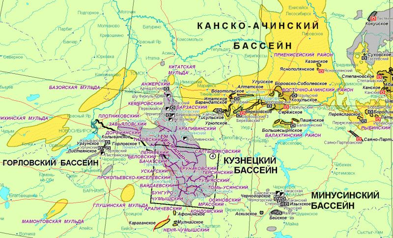 Границы Канско-Ачинского бассейна (выделен желтым цветом в правой верхней части) уходят намного дальше Канска и Ачинска
