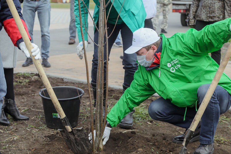 В высадке деревьев в красноярском микрорайоне Солнечный принял участие глава города Сергей Еремин